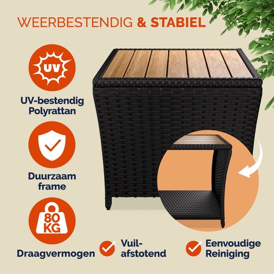 Zwarte vierkante bijzettafel met houten tafelblad, met details over weersbestendigheid.