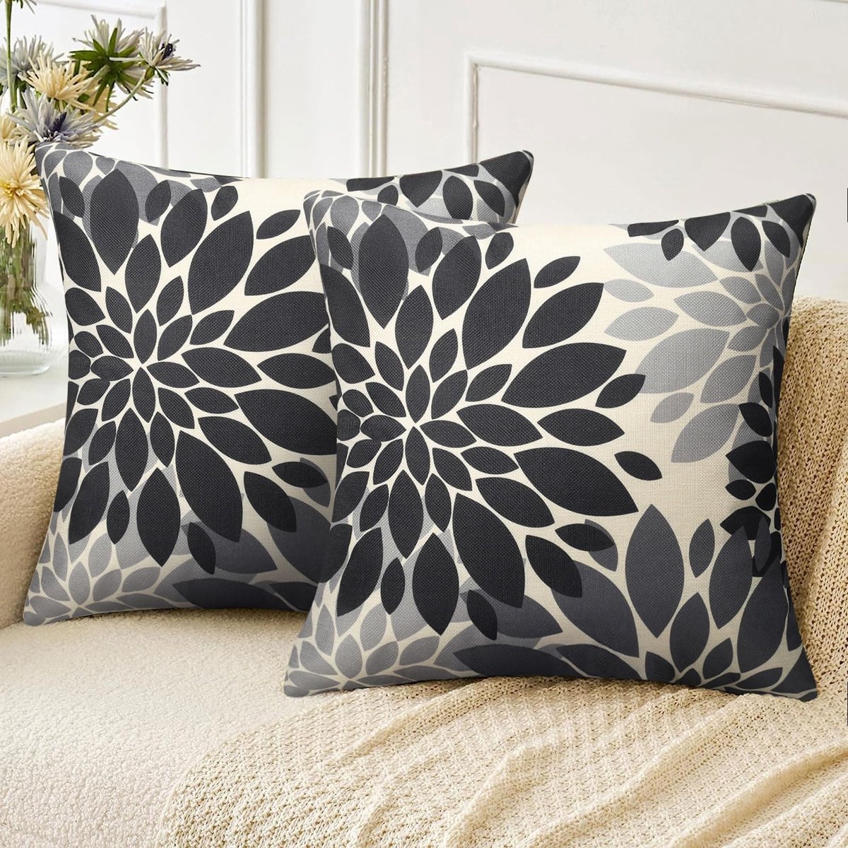 Ibenzoa Set van twee moderne linnen kussenhoezen met abstracte bloemenprint zwart