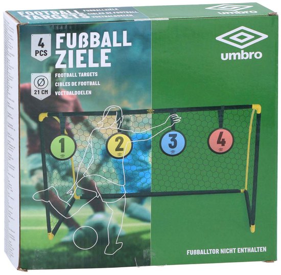 Doos met Umbro voetbaldoelen 21 cm. Vier targets met nummers 1 t/m 4 in groen, geel, blauw en rood. Een silhouette van een voetballer trapt tegen de netten.