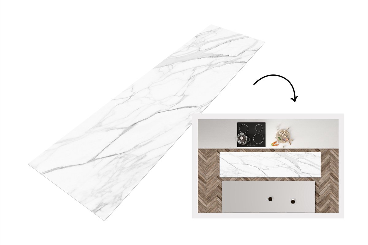 KitchenYeah Keukenloper 240x60 cm - Keukenmat vinyl Marmer - Wit - Lijn - Patronen - Luxe - Marmerlook - Keukenmatten loper - Keuken vloerkleed tapijt Marmer - Lijnen