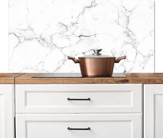 Spatscherm Keuken - Kookplaat Achterwand - Spatwand Fornuis - 120x60 cm - Marmer print - Wit - Grijs - Luxe - Marmerlook - Structuur - Aluminium - Wanddecoratie - Muurbeschermer - Hittebestendig - Spatwand