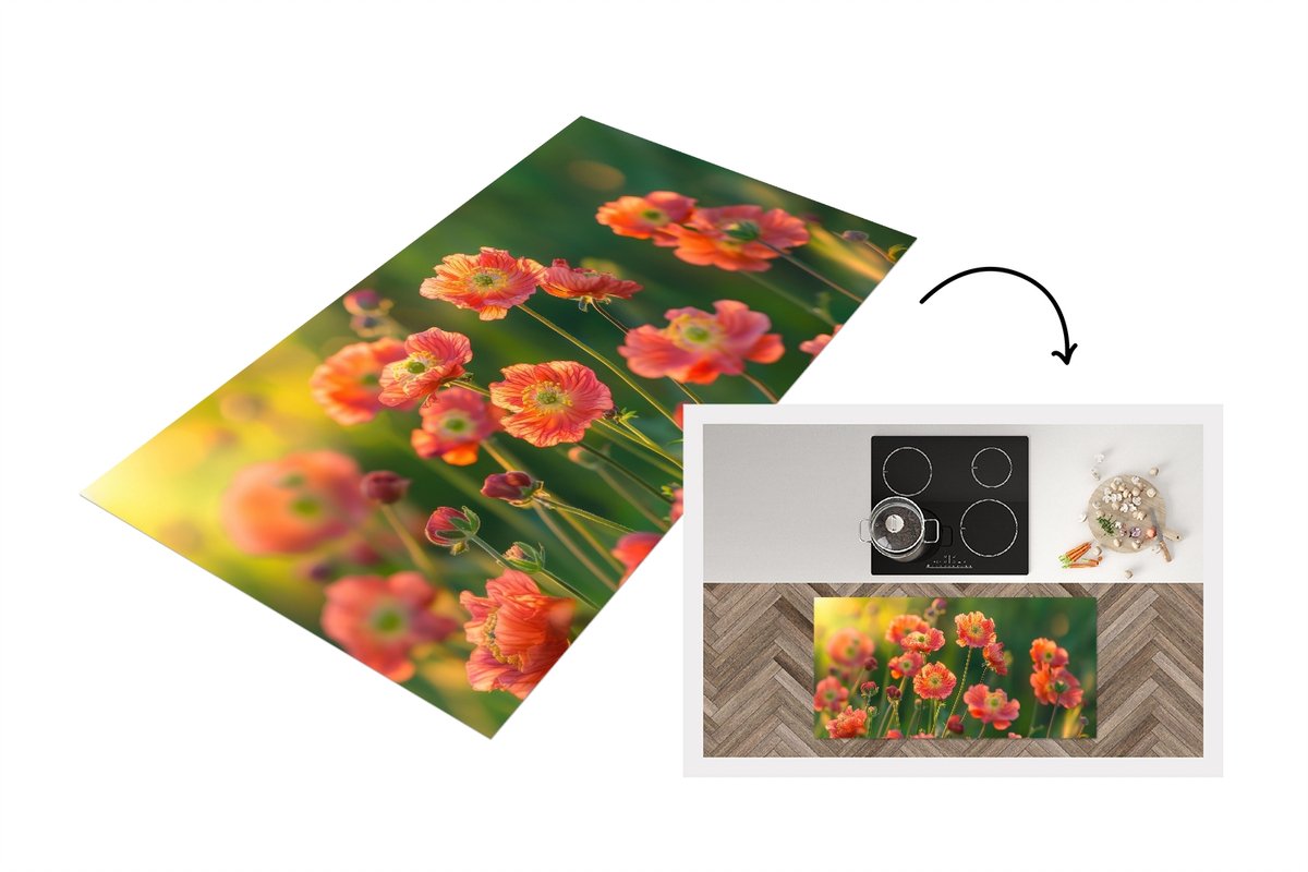 KitchenYeah Keukenloper 120x60 cm - Keukenmat vinyl Bloemenveld - Zonnestralen - Oranje - Keukenmatten loper - Keuken vloerkleed tapijt