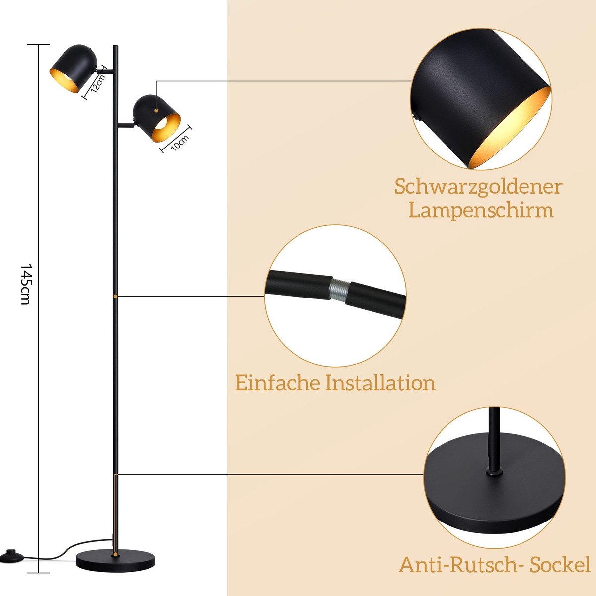 NETTLIFE Vloerlamp E14 - 2-lichts, zwart/goud, draaibaar thumbnail 2