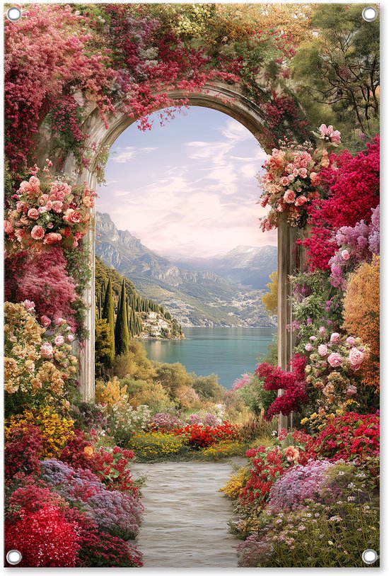 Graphic Message - Tuinposter inclusief Spanners - Bloemenpoort - Landschap - Tuindoek - Outdoor Tuin Poster - Buiten Wanddecoratie - Schuttingdoek - Bloemen - Italië - Doorkijkje - 60x90