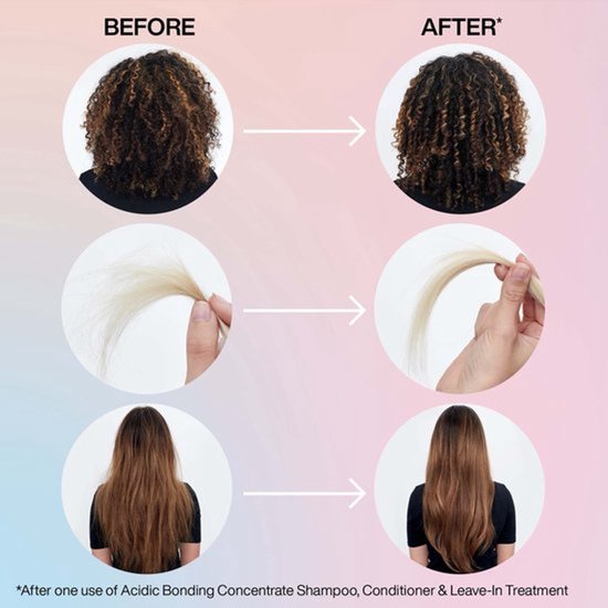 Photos avant/après de cheveux bouclés, blonds et bruns après utilisation du produit.
