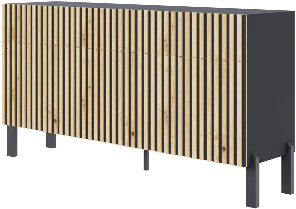 Selsey Telire – Dressoir met 3 deuren, drie lades en lamellenfront, 154 cm – Zwart / Eiken Artisan