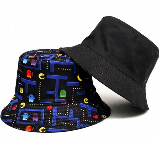 Bucket Hat - Vissershoedje - Buckethat - Pacman - Gamen - Omkeerbaar - Reversible - Feest - Festival - Carnaval - Outfit -Goud, Geel, Zwart en Wit - One Size Fits All