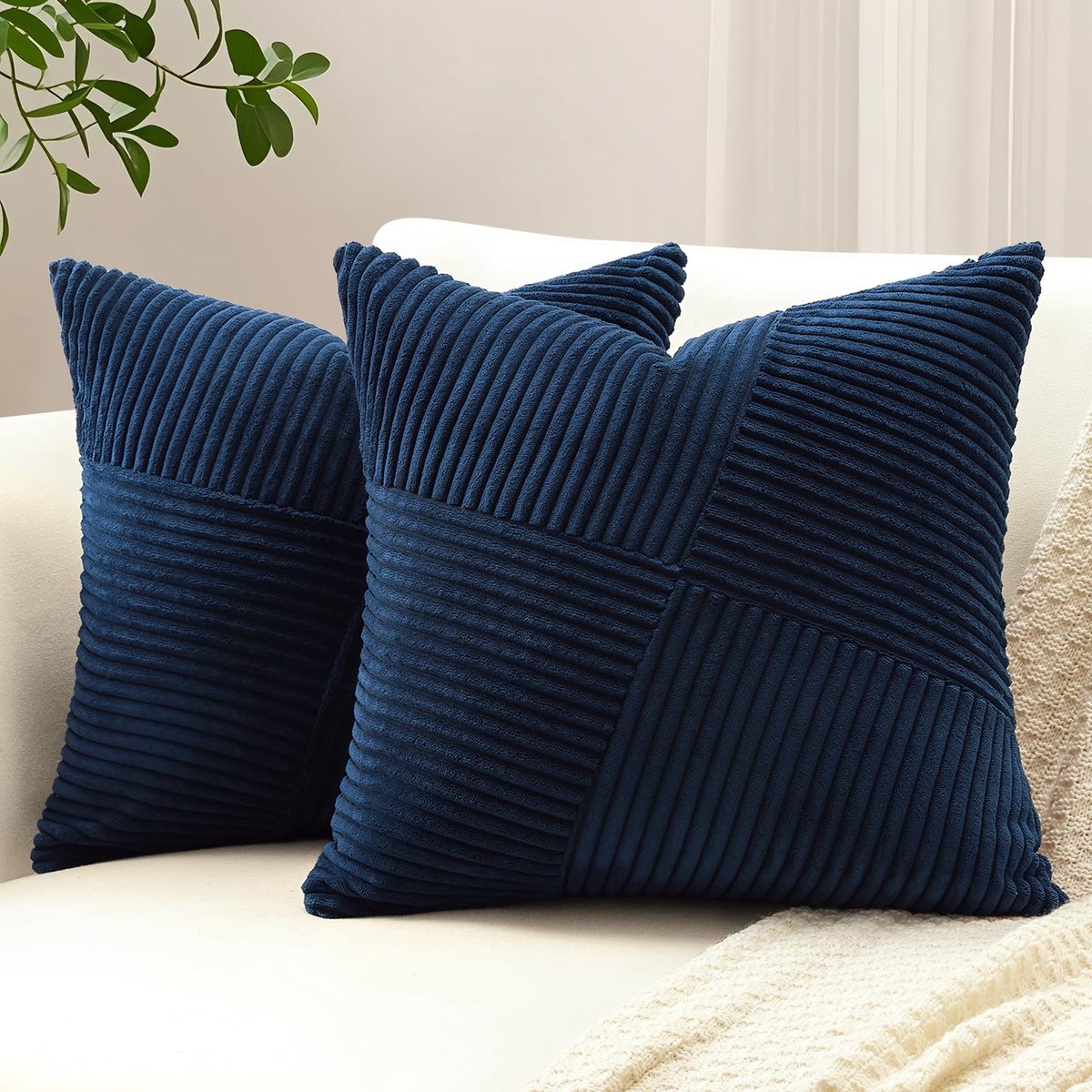 Ibenzoa Kussenhoezen Set van 2 met Gestreept Corduroy Design voor Sierkussens in Marineblauw 40x40cm