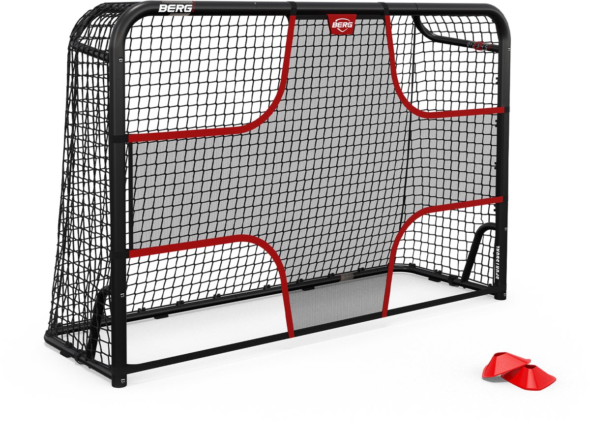 BERG SportsGoal L Voetbaldoel met Target Net - Voetbaldoel 300x200 cm - Voetbaldoel met geïntegreerde scoreteller - Inclusief 4 pionnen - Voetbaldoel Zwart/Rood