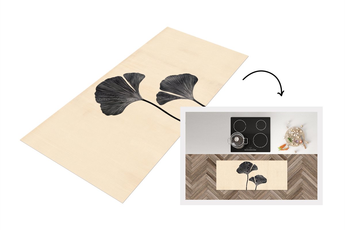 KitchenYeah Keukenloper 120x50 cm - Keukenmat vinyl Bladeren - Minimalistisch - Zwart - Keukenmatten loper - Keuken vloerkleed tapijt