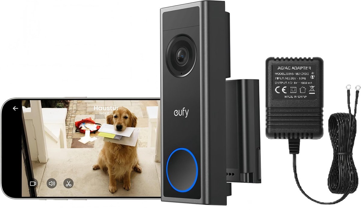 eufy Security C31 Video Deurbel - Add-on - Video Doorbell - 2K Resolutie - Nachtzicht - Draadloos/Batterij met Hoogwaardige AC/AC Adapter 6 meter kabel