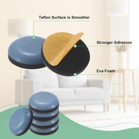Grijze ronde meubeldopjes met teflon oppervlak, sterke lijm en EVA-schuim, in zachte woonkamer. Tekst: Teflon Surface is Smoother, Stronger Adhesion, Eva Foam.