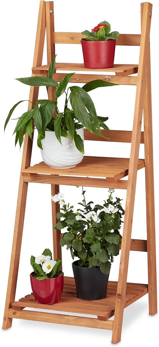 Plantenrek hout bloemenrek met 3 etages inklapbaar HBD ca. 1075 x 41 x 40 cm plantentrap bruin