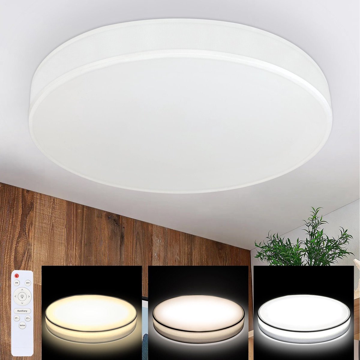 NETTLIFE Plafondlamp LED - 38 cm - Dimbaar 3000-6500K - Wit - met Stoffen Lampenkap - Modern - met Afstandsbediening - rond - voor Woonkamer | Slaapkamer | Keuken | Gang - 38W