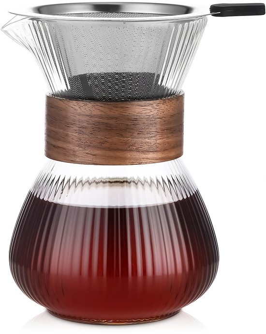 Pour Over Koffiepot met Permanent RVS koffiefilter - Slow Coffee Maker Kit - Glazen Cafetière - Koffekan Drip Gieter - Dripper Koffiemaker - Handmatig Filterkoffie koffiezetapparaat met Herbruikbaar Koffie Filter - Koffiefilterhouder V60 set - 500 ML