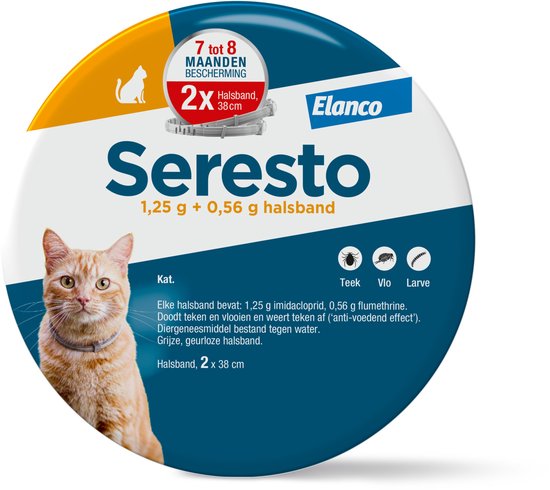 Seresto 1,25 g + 0,56 g kattenhalsband, 2x 38 cm, met oranje kat, 7 tot 8 maanden bescherming.