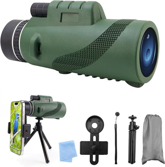 Telescopio Monocular 12x50 Monocular Hd De Alta Potencia - Prisma Bak4 Lente Fmc Clara Y Brillante Con Soporte Para Telefono Inteligente Y Tripode En Verde