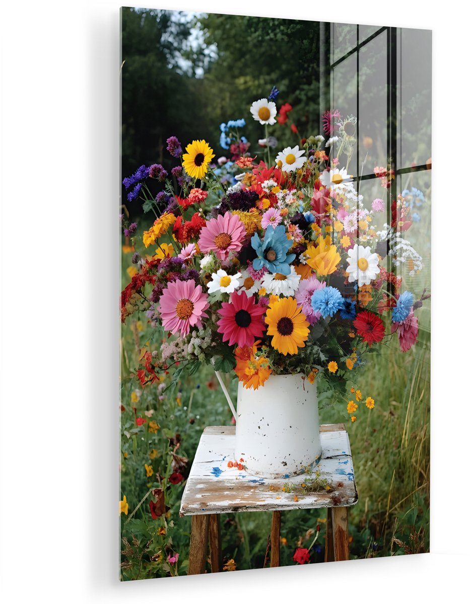MuchoWow® Glasschilderij 120x180 cm - Schilderij acrylglas - Bloemen - Krukje - Gieter - V