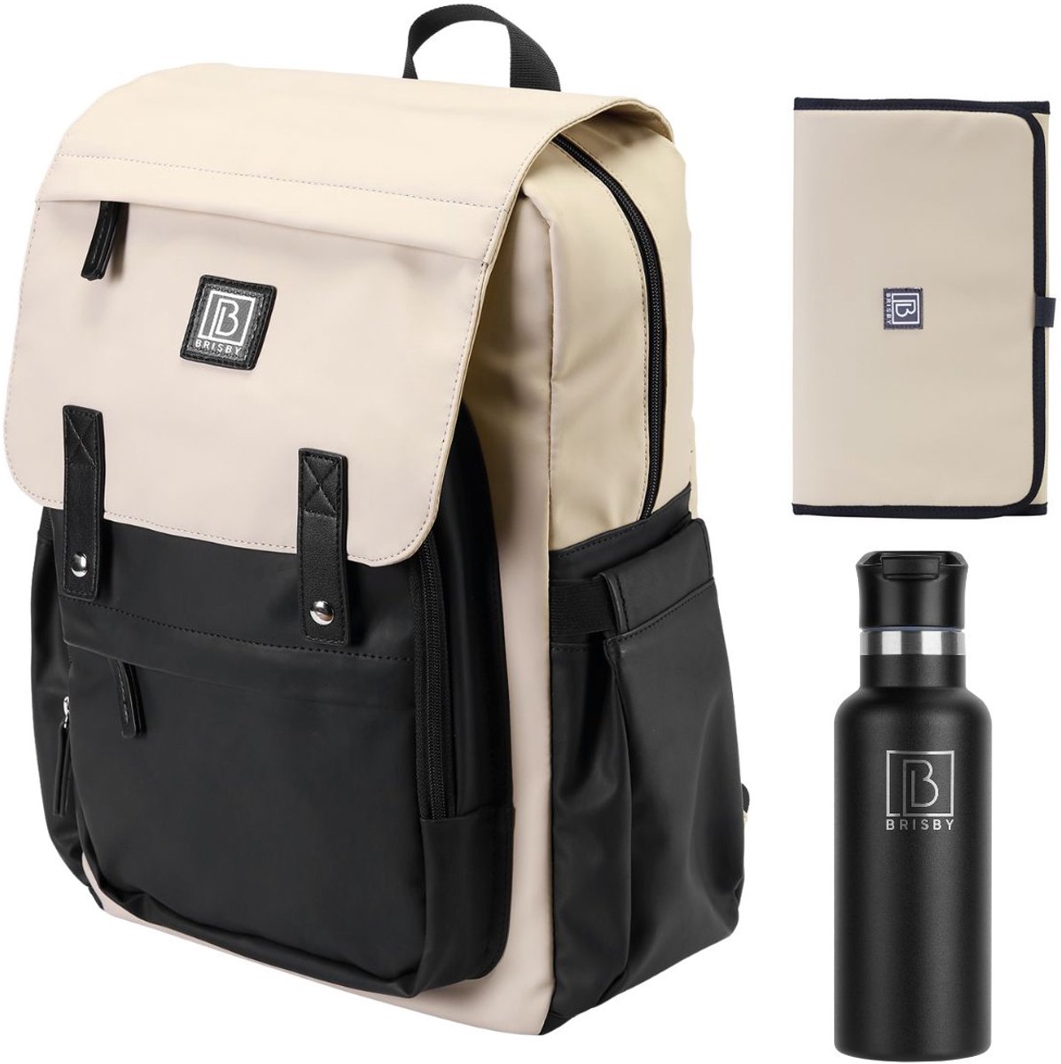 Brisby luiertas Two Toner Zwart Creme inclusief 500 ml thermosfles Zwart – Voor ouders die praktisch, stijlvol en altijd voorbereid op pad gaan – Levenslange Garantie