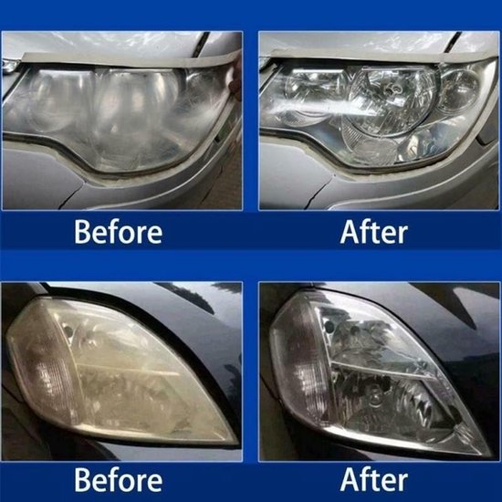 Voor en na foto's van auto koplampen voor en na reiniging met K2 Lamp Doctor.