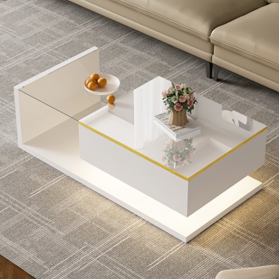 Salontafel, hoogglans, bijzettafels, salontafels met glas en led-effect, stabiele constructie (105 x 55 x 32,5 cm) (zwart