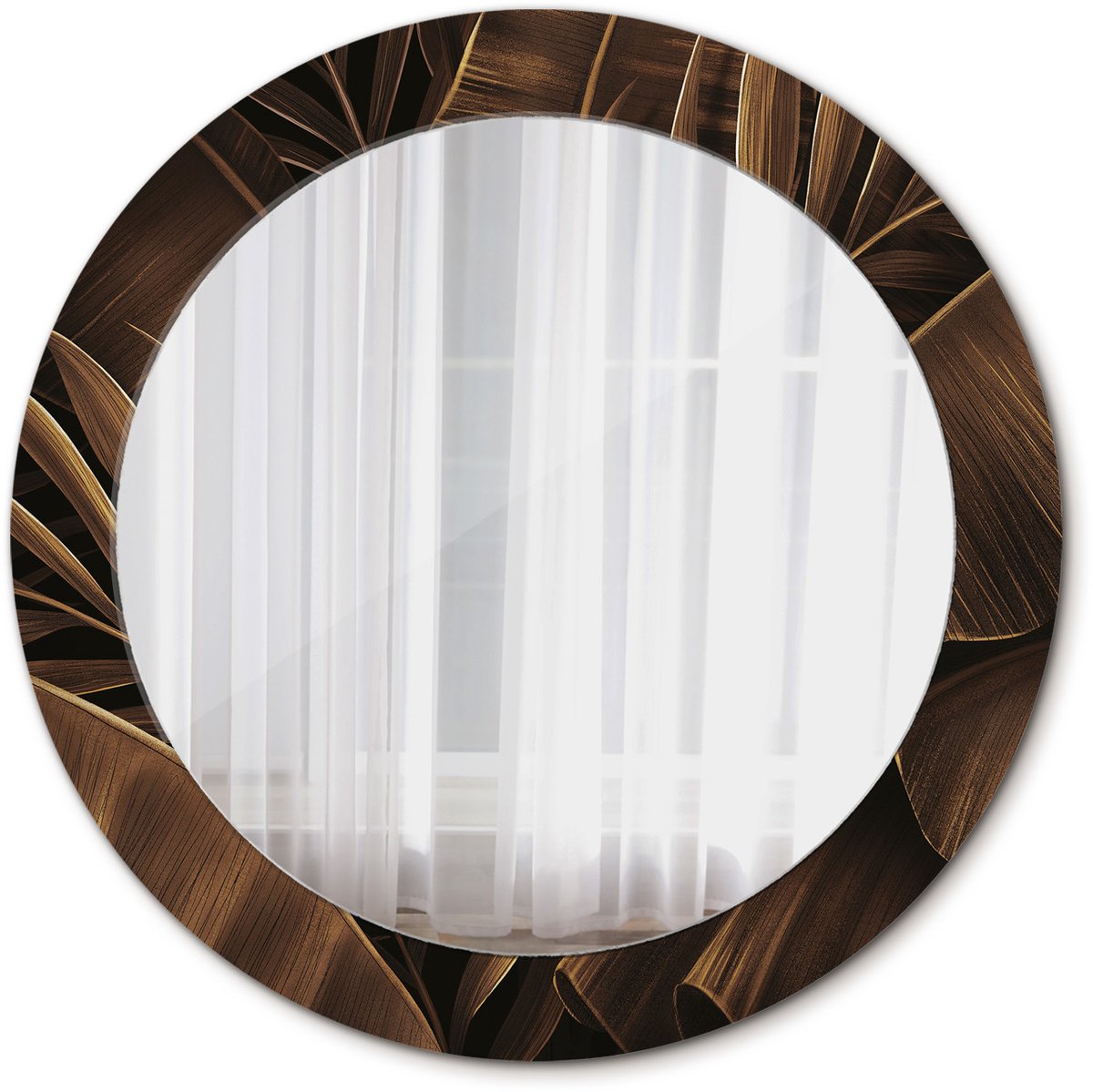 Tulup Spiegel - Spiegel op gehard Glas - Ronde Spiegel - Bruine bananenbladeren - Diameter: 70 cm - Decoratieve spiegel met patroon - Woonkamerspiegel - Inloopkastspiegel - Hal - Bruine - Met spiegelprint - Elegant Spiegel - Montageset