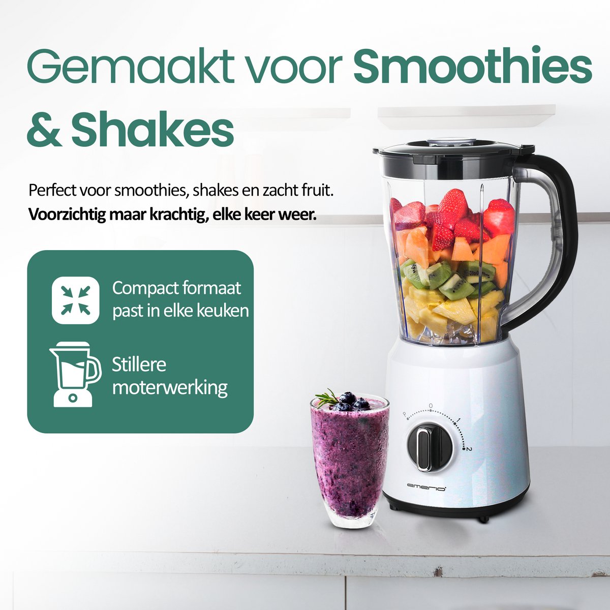 Emerio Blender 1.5L - Smoothie Maker met 2 Snelheden - RVS Messen en Vaatwasmachinebestendig - 500W - Blender-to-Go BL-124816.7 - Wit – foto 3
