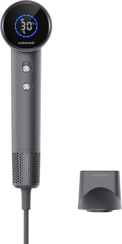 Cubenest - SwiftDry - SDH001 - Sèche-cheveux ionique - Sèche-cheveux bouclés - Faible bruit, affichage en degrés Celsius, 4 niveaux de chaleur, 2 vitesses - 8 modes combinables - Grijs