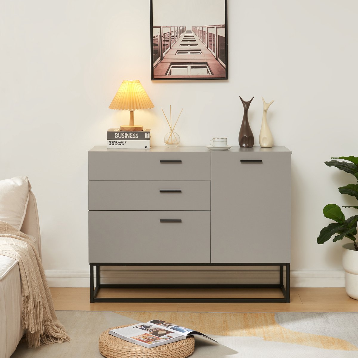 Sideboard Lavangen commode 75x100x35 cm lichtgrijs en zwart [en.casa]