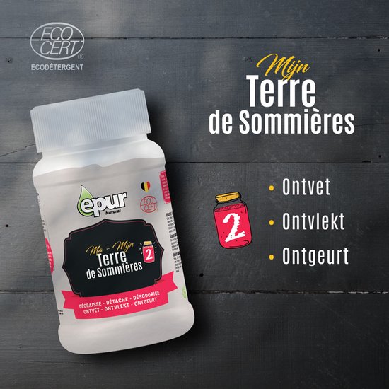 Epur Terre de Sommières pot, met tekst 'Ontvet, Ontvlekt, Ontgeurt' op donkere achtergrond.