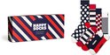 Happy Socks cadeaubox met diagonale strepen en vier paar sokken: stippen, ruitjes, banen en streepjes.