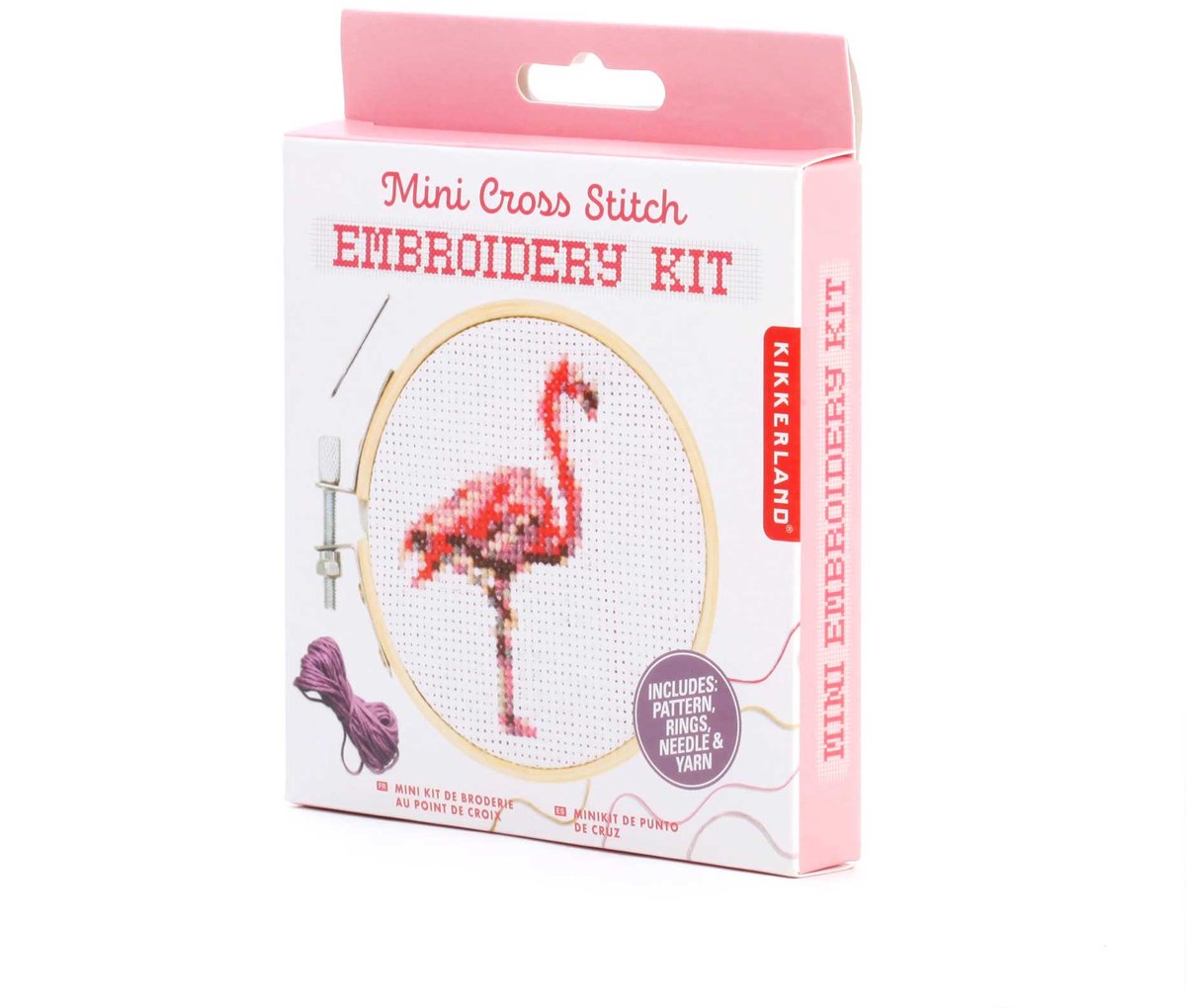 Mini Borduurset Flamingo - Kikkerland Mini Cross Stitch Embroidery Kit - Ø7,6 cm bamboe ring - Borduur Kit - DIY Cadeau Creatieveling