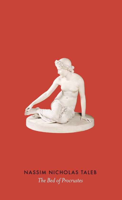 Een wit standbeeld van een vrouw met een bloemenkrans op een rode achtergrond. Titel: The Bed of Procrustes.
