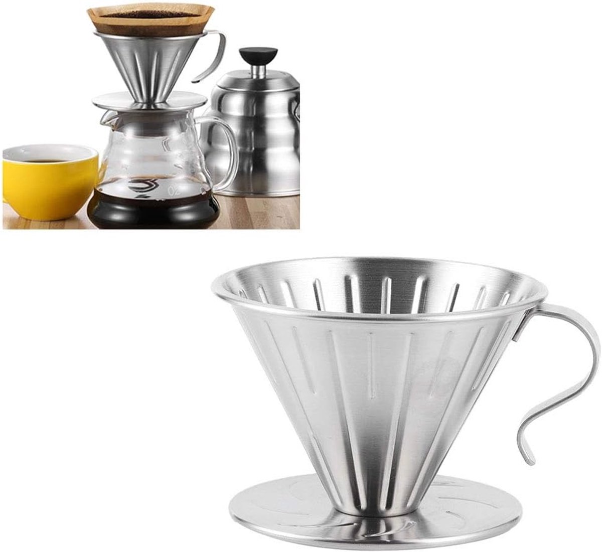 Giet Over Koffie Dripper - Roestvrij Staal Metaal - Herbruikbare - Kegel Koffiefilter - Langzaam Brouwen Accessoires voor Thuis Cafe Restaurants