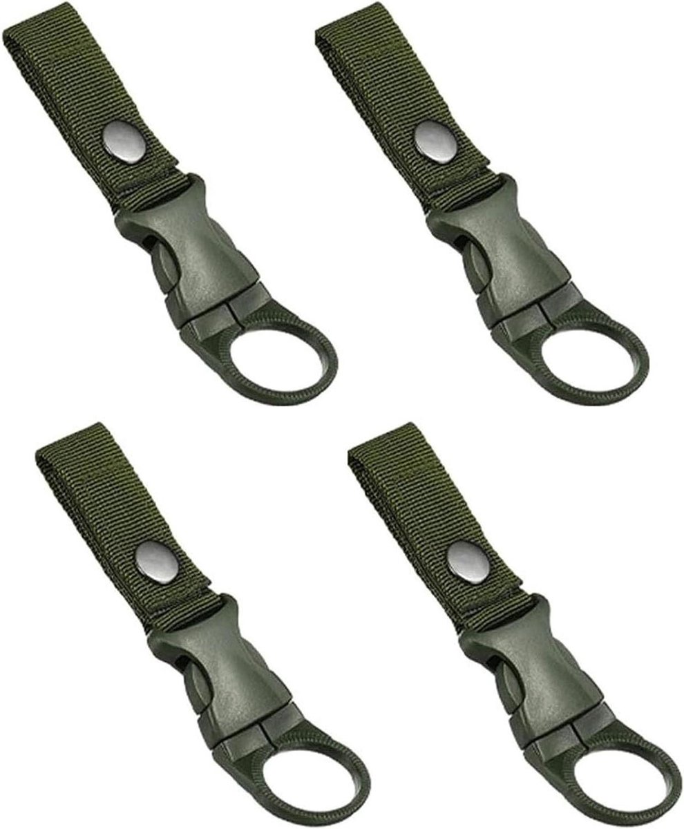 Allecto Plus - Hangende riem voor waterflessen 4 stuks nylon riem flessenhouder clips - waterfles - draagbare mineraalwaterfles ringhouder voor wandelen kamperen - reizen - sporten (legergroen)