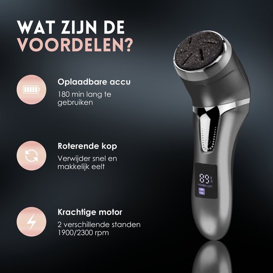Donkergrijs Beeperfect eeltverwijderaar met oplaadbare accu, roterende kop en krachtige motor met twee standen. Getoond naast icoontjes die de voordelen illustreren.