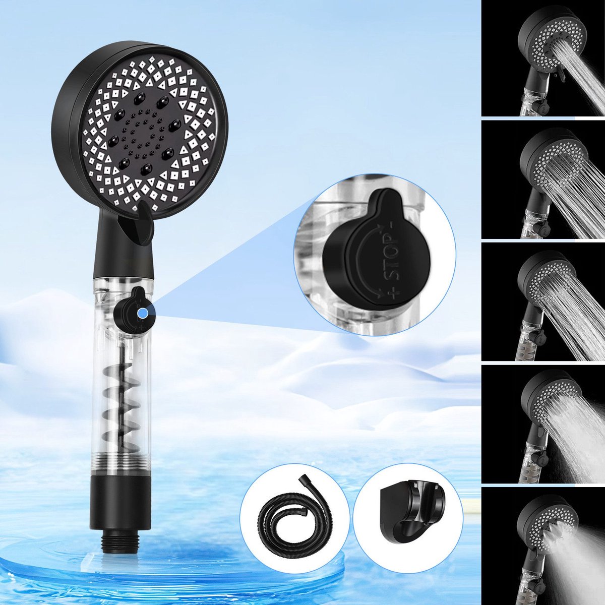 NETTLIFE Douchekop en Filter - zwart - met Slang - Hoge druk - 5 Sproeistanden - met houder - Waterbesparende Handdouche - Luxe Moderne Handdouche - rond
