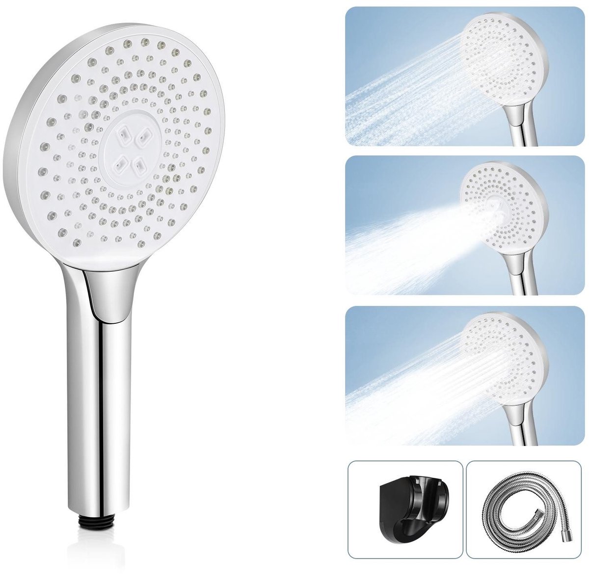 NETTLIFE Douchekop met Slang - Douchekop - Rond - Hoge druk - Regendouche - 3 Sproeistanden - met houder - Waterbesparende Handdouche - Luxe Moderne Handdouche - chroom
