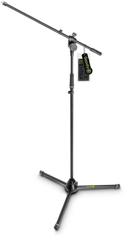 Zwart microfoonstatief met boompole, zwanenhals en driepotige basis.