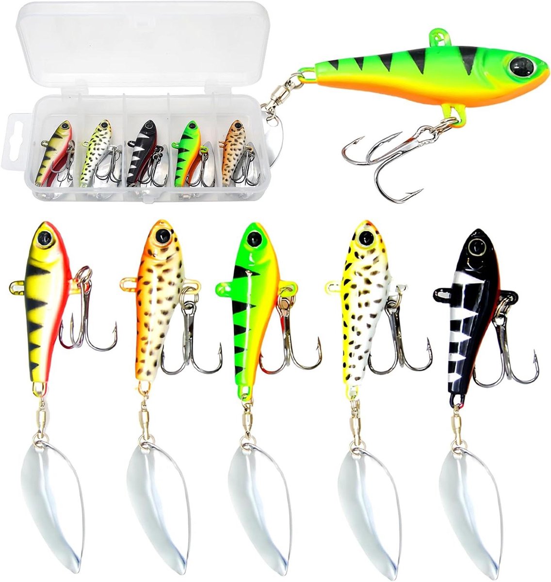Allecto Plus - Jig Spinner-set 5 stuks 20 g - Vis Aas in Doos - Voor Baars Snoek Snoekbaars - Loodkop Spinner - Kunst Aas - Actief gebruik