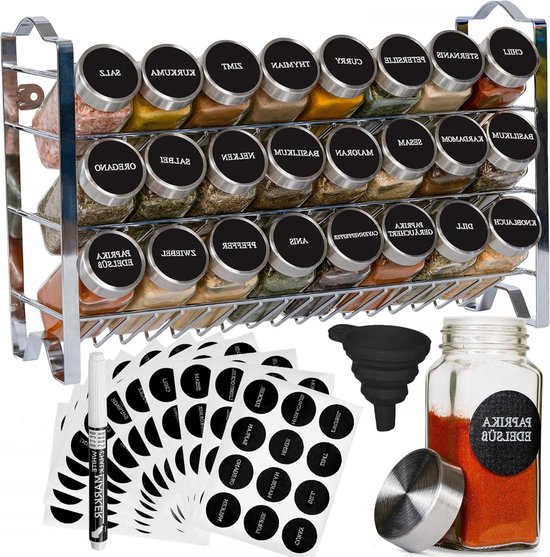 Deco haus® Kruidenrek Met Kruidenpotjes, 4-Laags Metalen Kruiden Organizer, Keuken Sorteerset Met 28 Kruidenpotjes, 144 Etiketten, Borstel, Trechter, Haken, Vrijstaand of Aan de Muur te Maken