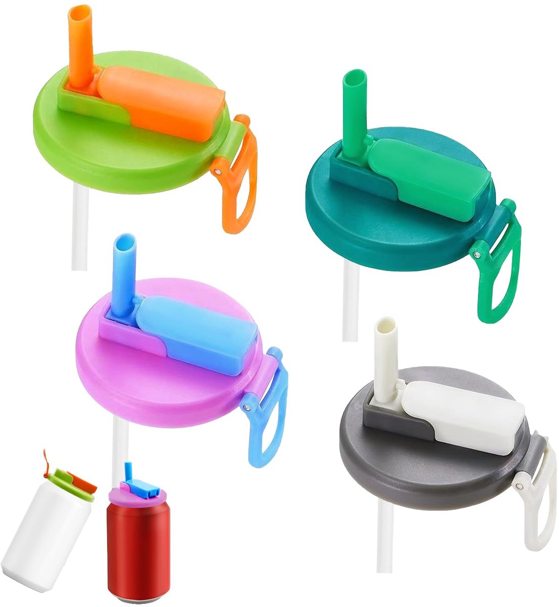 Ibenzoa® Set van 4 herbruikbare siliconen deksels met rietje voor drankblikjes van 5,3 cm