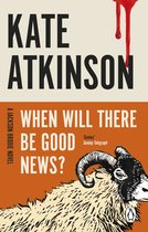 Boekomslag van "When Will There Be Good News?" door Kate Atkinson. Tekst: "A JACKSON BRODIE NOVEL", "KATE ATKINSON", "WHEN WILL THERE BE GOOD NEWS?", "'Genius' Sunday Telegraph". Afbeelding van een schaap met scherpe hoorns en een druppel rode verf aan de bovenkant.