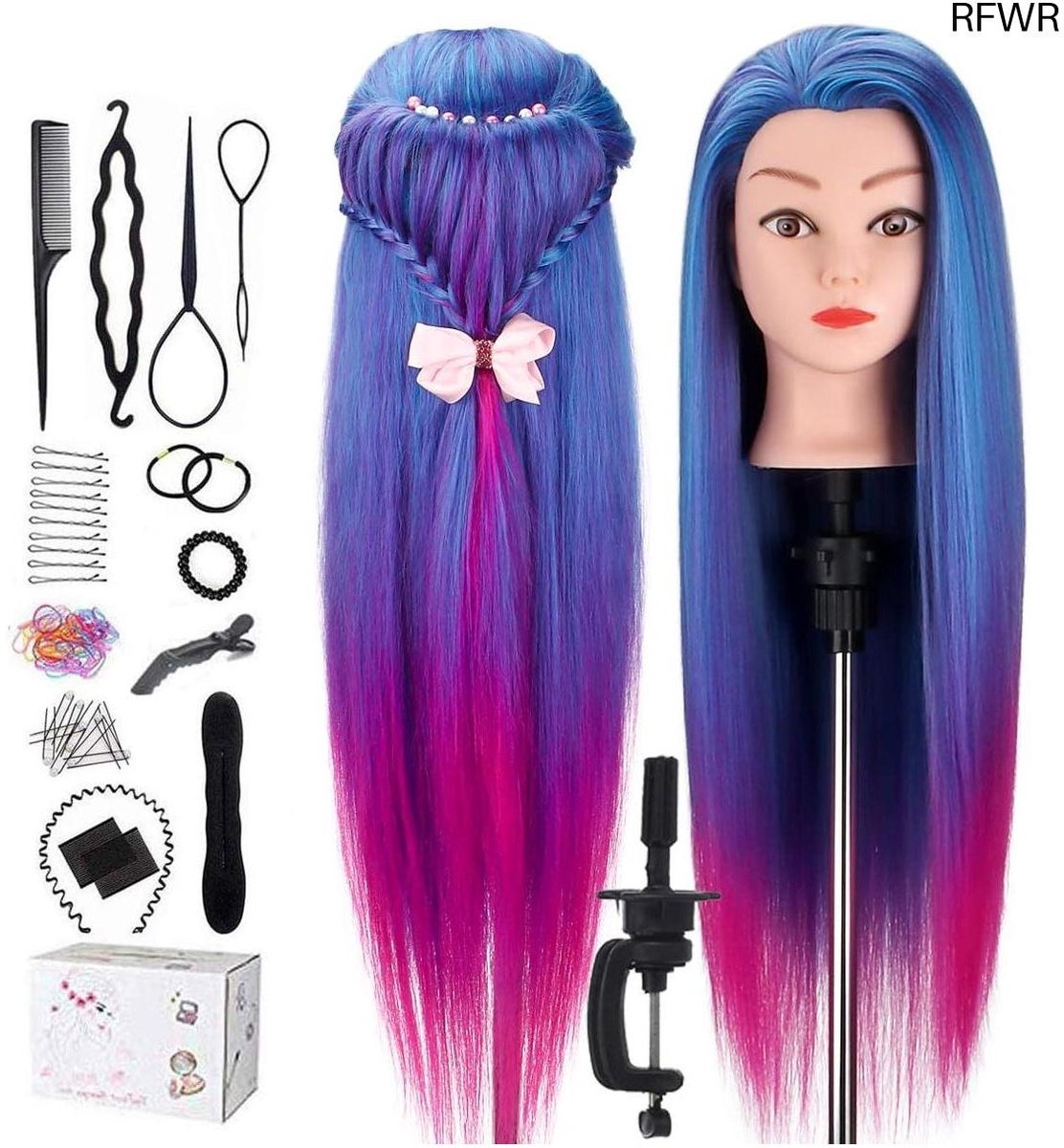 RFWR® 26 Inch Synthetisch Vezel Haar Training Hoofd - Dummy Hoofd met Tafelklem en DIY Styling Set