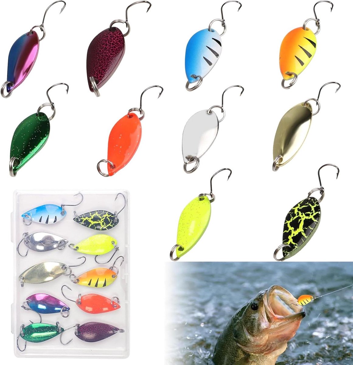 Allecto Plus: Forel Lokvoer Set 10 stuks Realistische Lepeltjes Metaal Forel Mini Knipperend Licht voor Vissen met Haken Vissen Accessoires Forel met Lepeldoos voor Diverse Vissoorten en Wateren