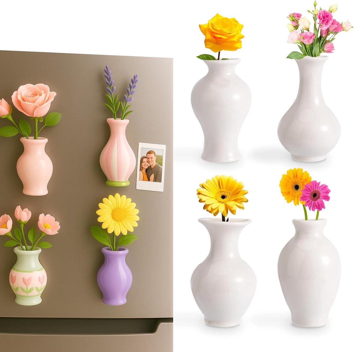 Allecto Plus - 4 stuks Keramische Vazen Koelkastmagneten, Decoratieve 3D-Plantenmagneten, Wit, Voor Keuken en Kantoor