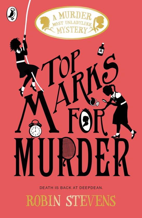 Boekomslag met de titel 'Top Marks For Murder' in grote zwarte letters, met silhouetten van meisjes en een klok.
