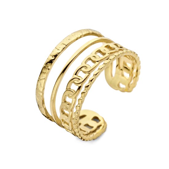 Bague ouverte dorée à trois rangées avec différentes textures, y compris des maillons et un martelage.