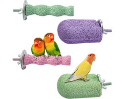 4 delige vogelbeksteentjes - Zitplatform voor papegaaienkooi - Rustplaats voor vogels - Slijpstok voor vogelklauwen - Klauwtrimmer - Kauwspeeltje - Geschikt voor grasparkieten, valkparkieten, conures - Groen, roze, paars