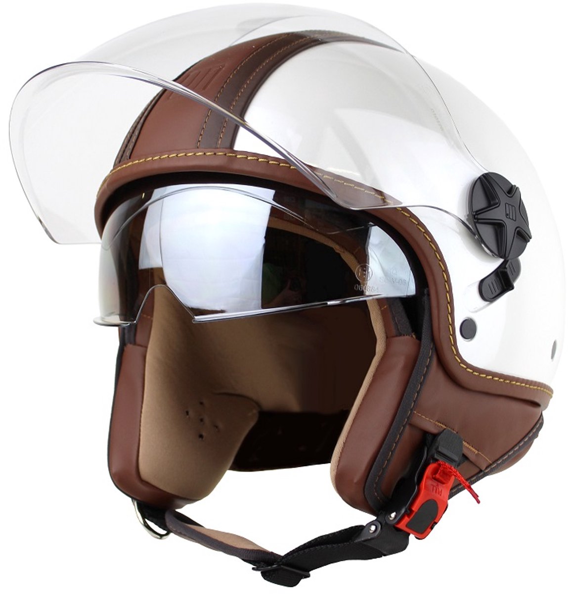 Motocubo - top cube - jethelm - dubbel vizier - wit - bruin leer - maat XS - snorfiets, scooter en motorhelm - ECE 22.06